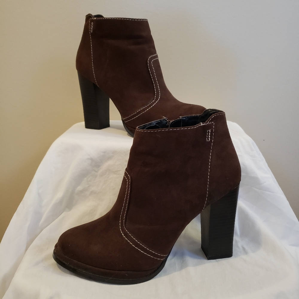 Brown Suede Stacked Heel Booties,  Sz 7.5